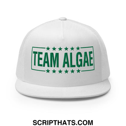 White snapback mesh trucker hat with green team algae embroidery and star frame inspired by Lincoln Memorial pool