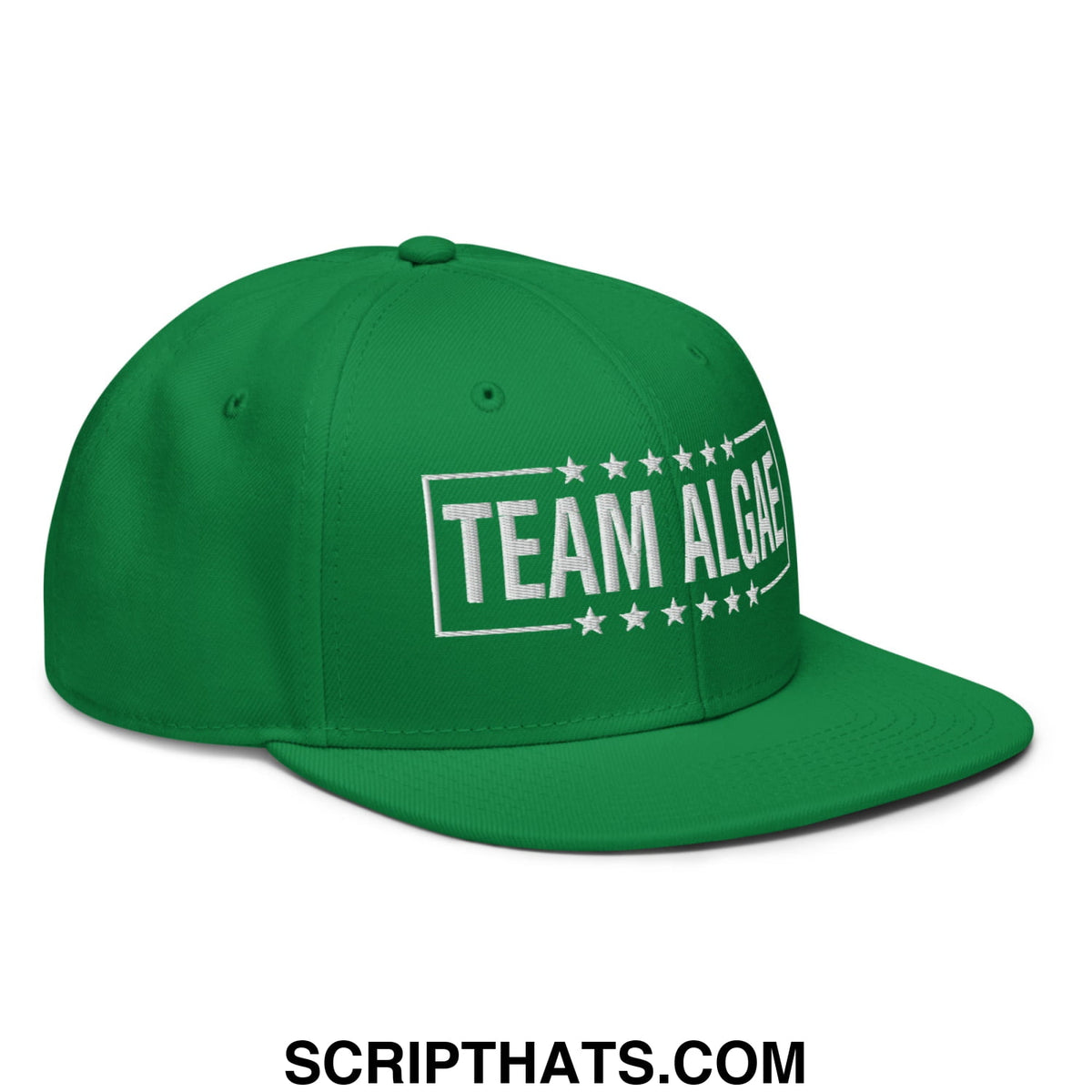 Green snapback cap with white embroidered team algae logo framed by stars featured in the team algae collection