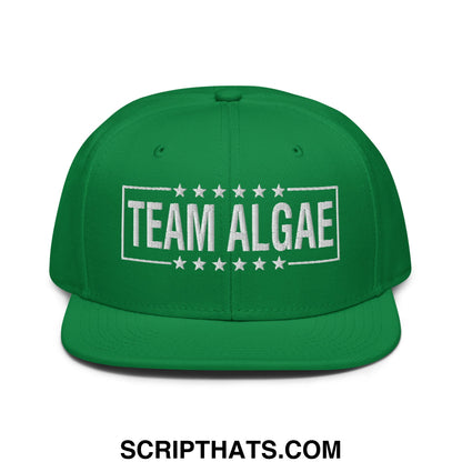 Green team algae snapback cap with white embroidered text and star frame on flat bill brim for casual wear
