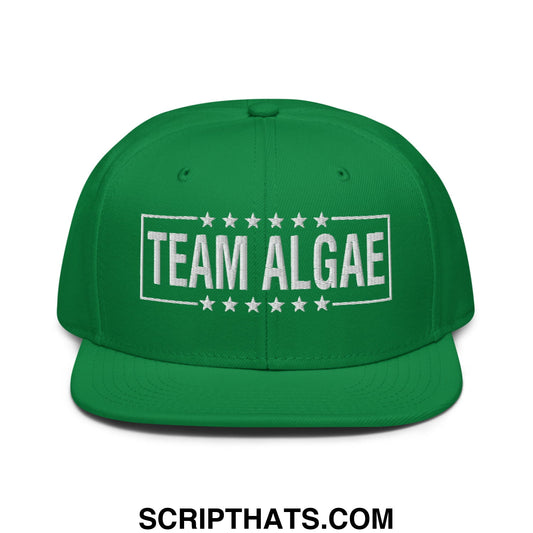 Green team algae snapback cap with white embroidered text and star frame on flat bill brim for casual wear