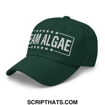 Dark green unstructured dad hat with white embroidered team algae text and stars inspired by lincoln memorial pool