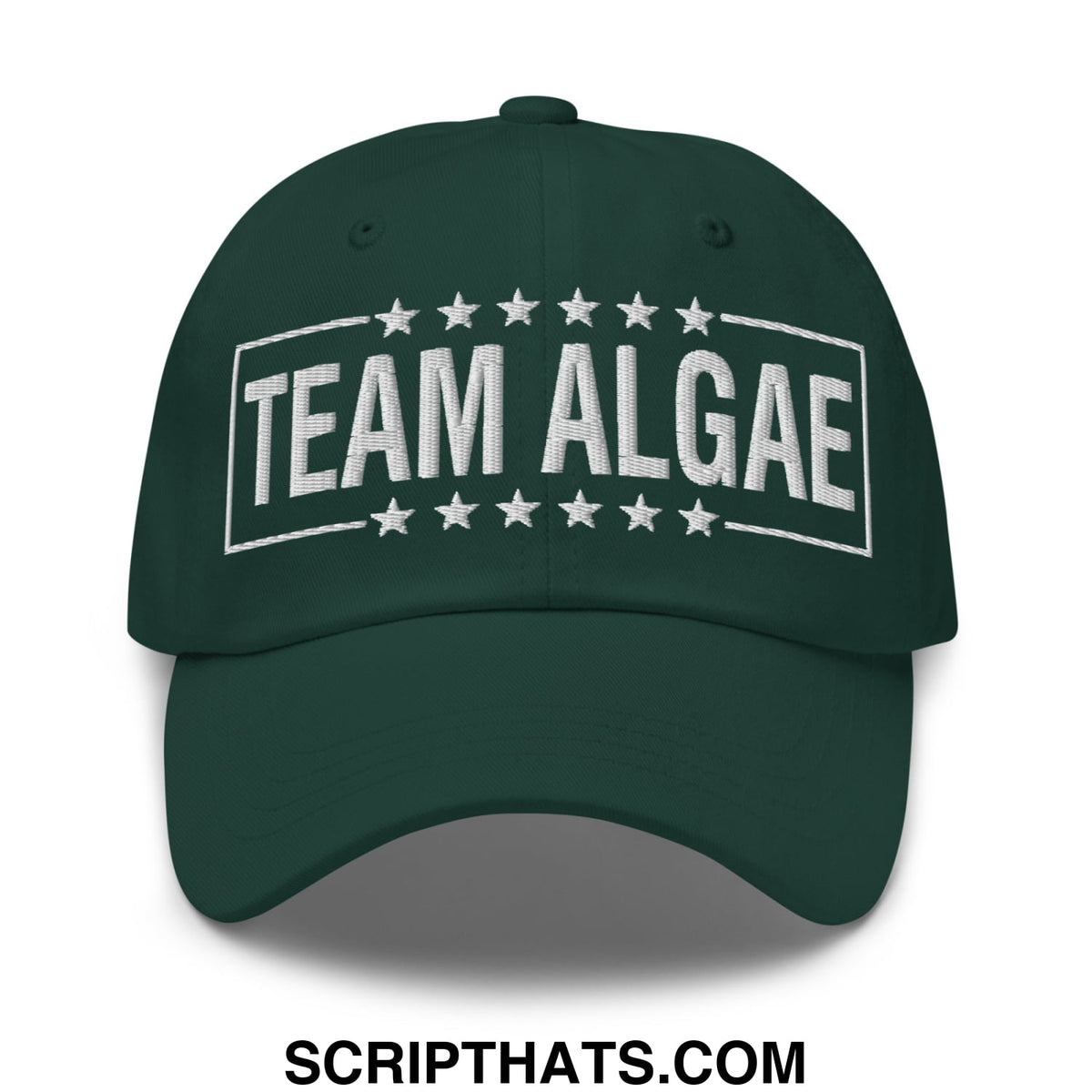 Dark green unstructured dad hat with white embroidered team algae text and stars inspired by lincoln memorial pool