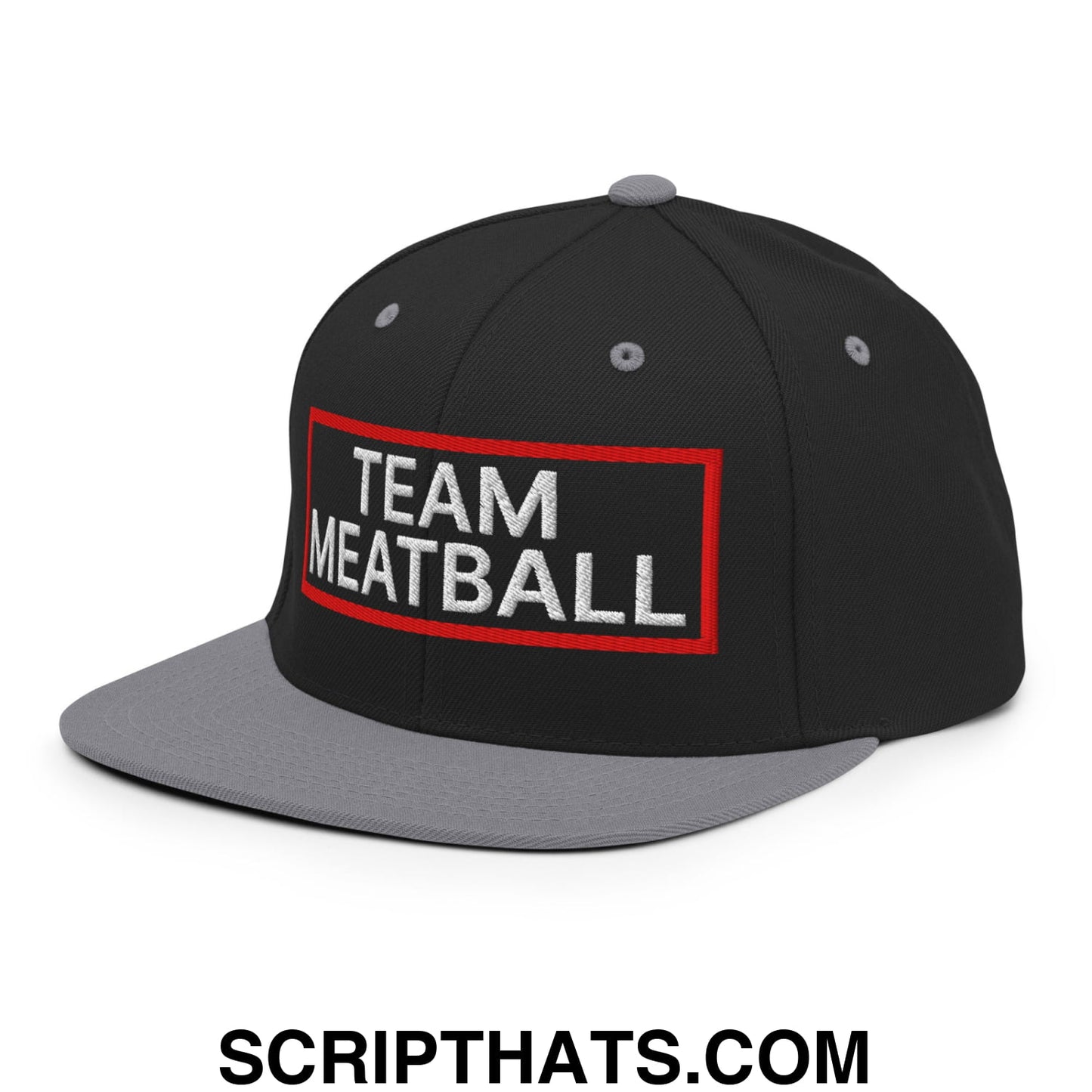 Team Meatball Embroidered Flat Brim Bill Snapback Hat Black Silver