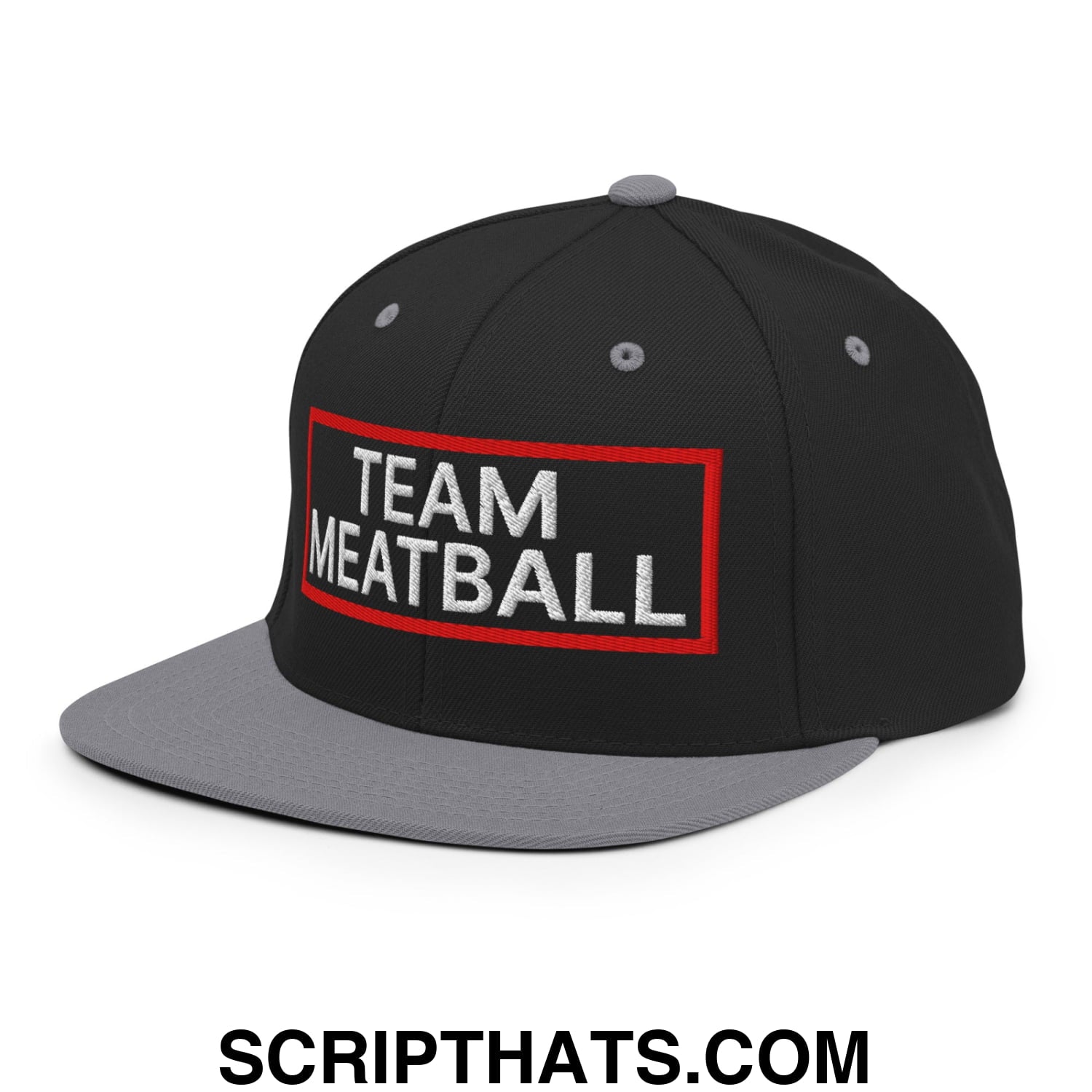 Team Meatball Embroidered Flat Brim Bill Snapback Hat Black Silver