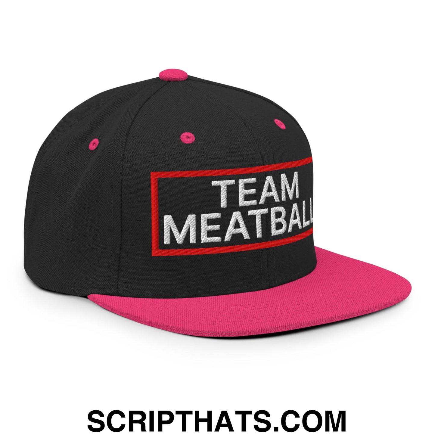 Team Meatball Embroidered Flat Brim Bill Snapback Hat Black Neon Pink