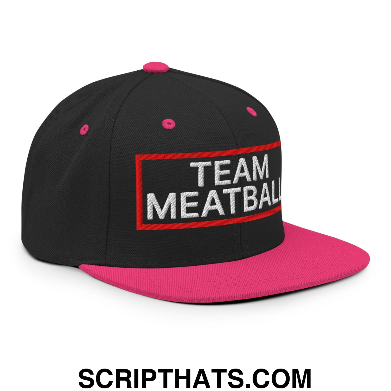 Team Meatball Embroidered Flat Brim Bill Snapback Hat Black Neon Pink