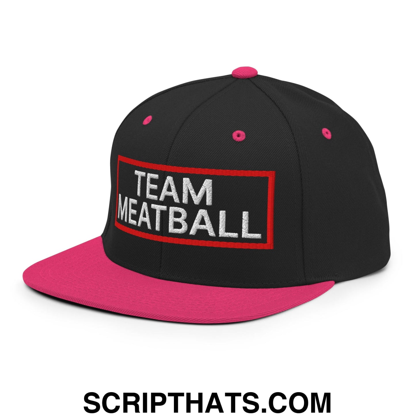 Team Meatball Embroidered Flat Brim Bill Snapback Hat Black Neon Pink