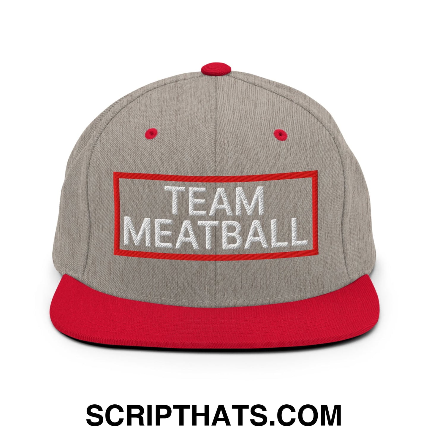 Team Meatball Embroidered Flat Brim Bill Snapback Hat Heather Grey Red