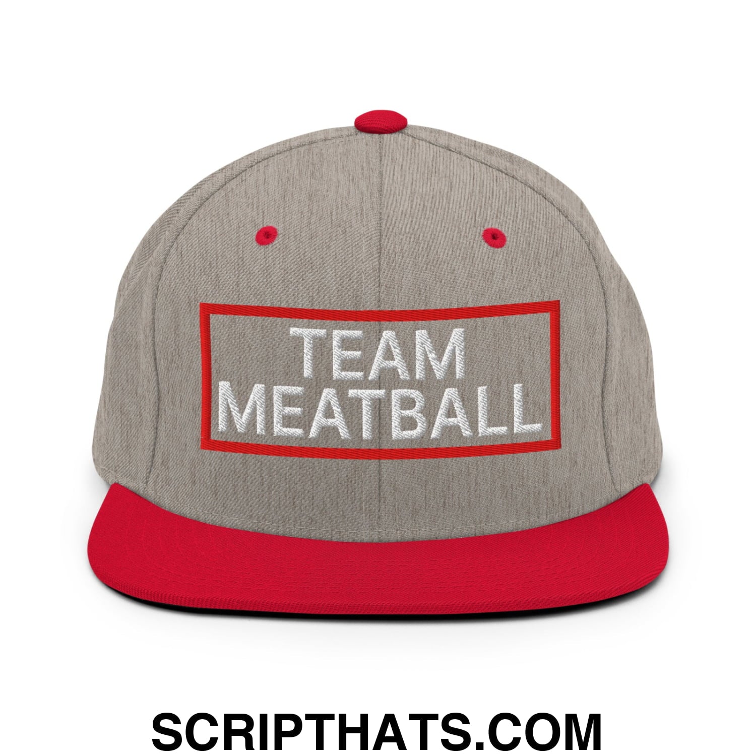 Team Meatball Embroidered Flat Brim Bill Snapback Hat Heather Grey Red