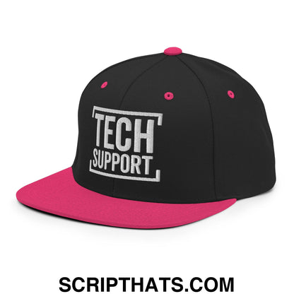 Tech Support Embroidered Flat Bill Brim Snapback Hat Black Neon Pink