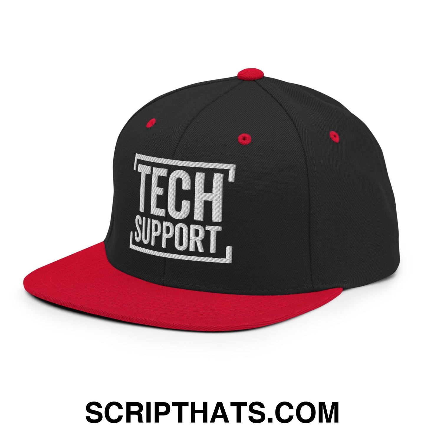 Tech Support Embroidered Flat Bill Brim Snapback Hat Black Red