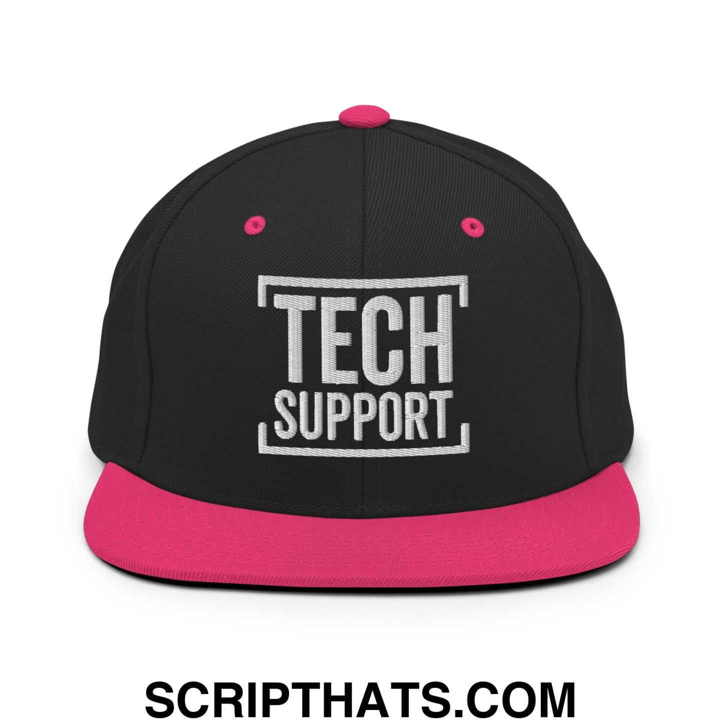 Tech Support Embroidered Flat Bill Brim Snapback Hat Black Neon Pink