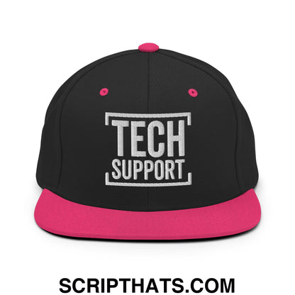 Tech Support Embroidered Flat Bill Brim Snapback Hat Black Neon Pink