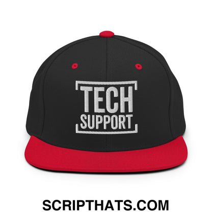 Tech Support Embroidered Flat Bill Brim Snapback Hat Black Red