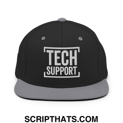 Tech Support Embroidered Flat Bill Brim Snapback Hat Black Silver