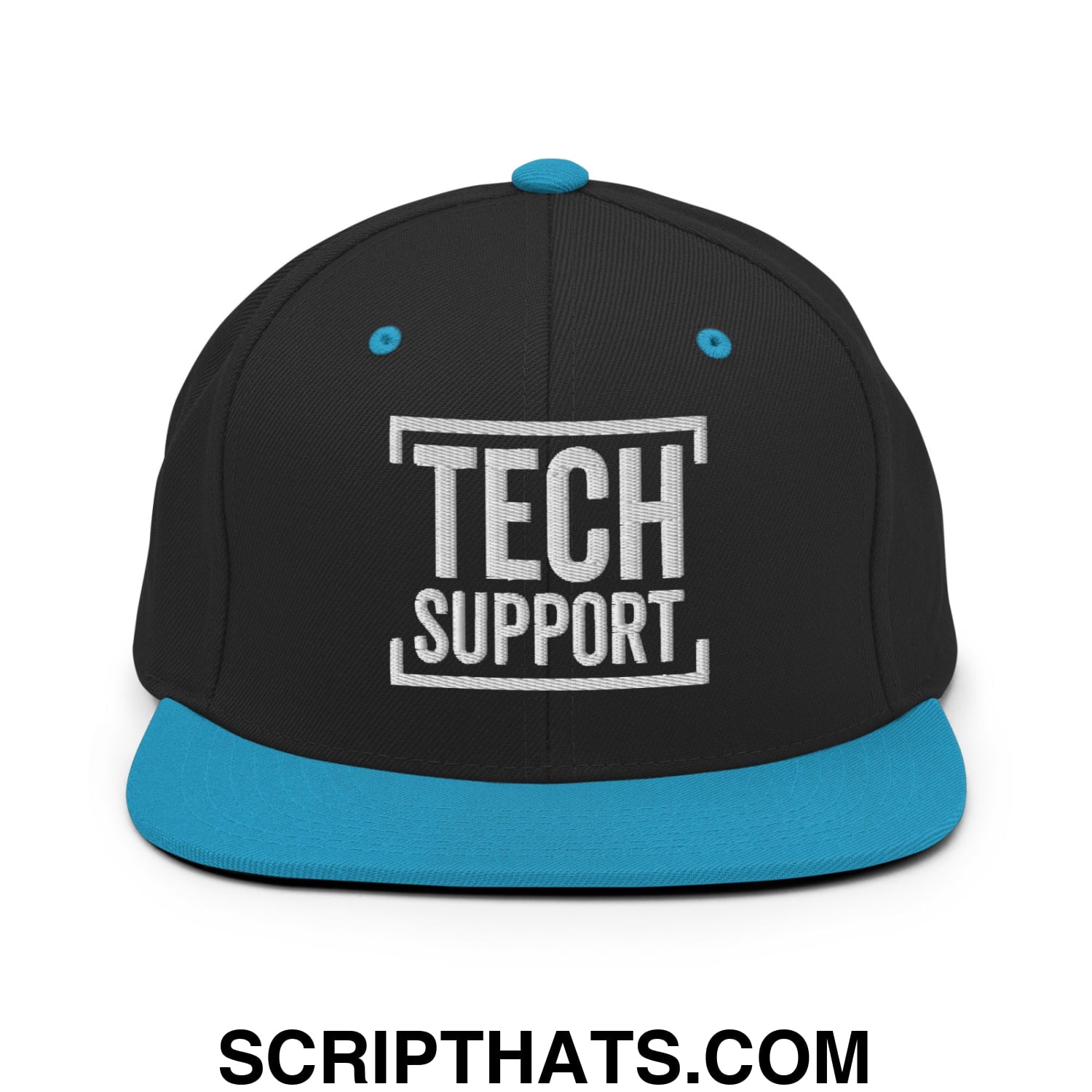 Tech Support Embroidered Flat Bill Brim Snapback Hat Black Teal