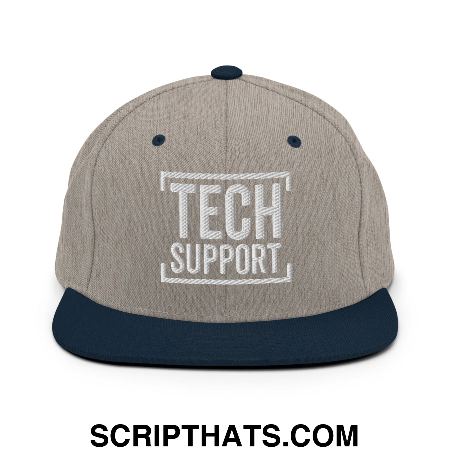 Tech Support Embroidered Flat Bill Brim Snapback Hat Heather Grey Navy