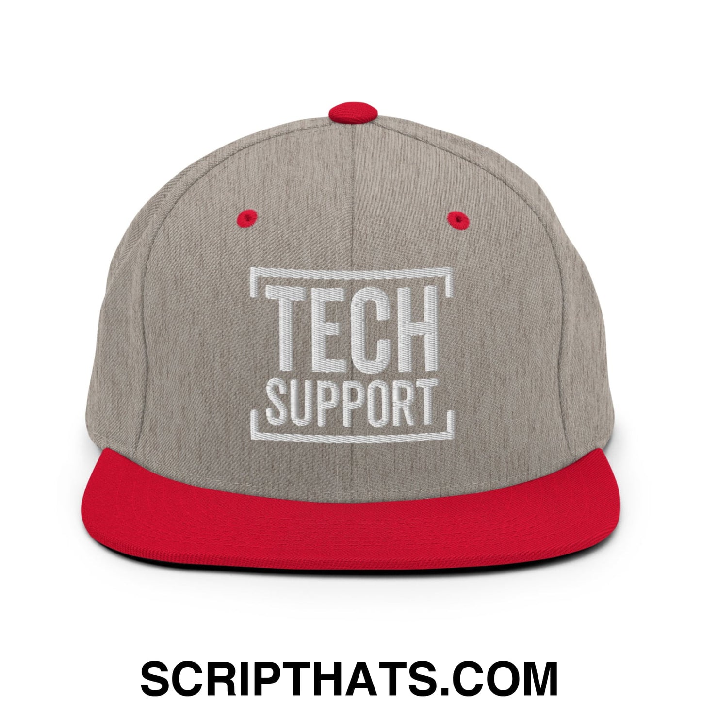 Tech Support Embroidered Flat Bill Brim Snapback Hat Heather Grey Red