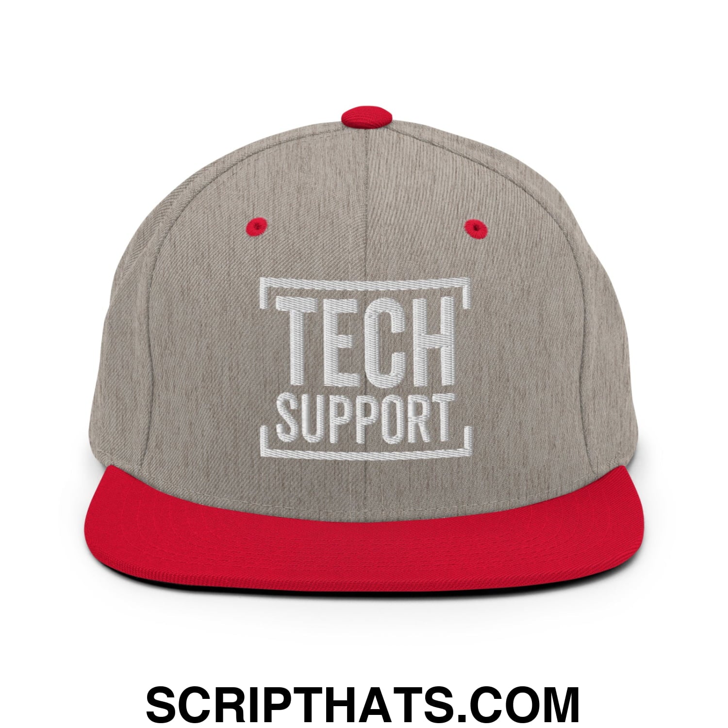 Tech Support Embroidered Flat Bill Brim Snapback Hat Heather Grey Red