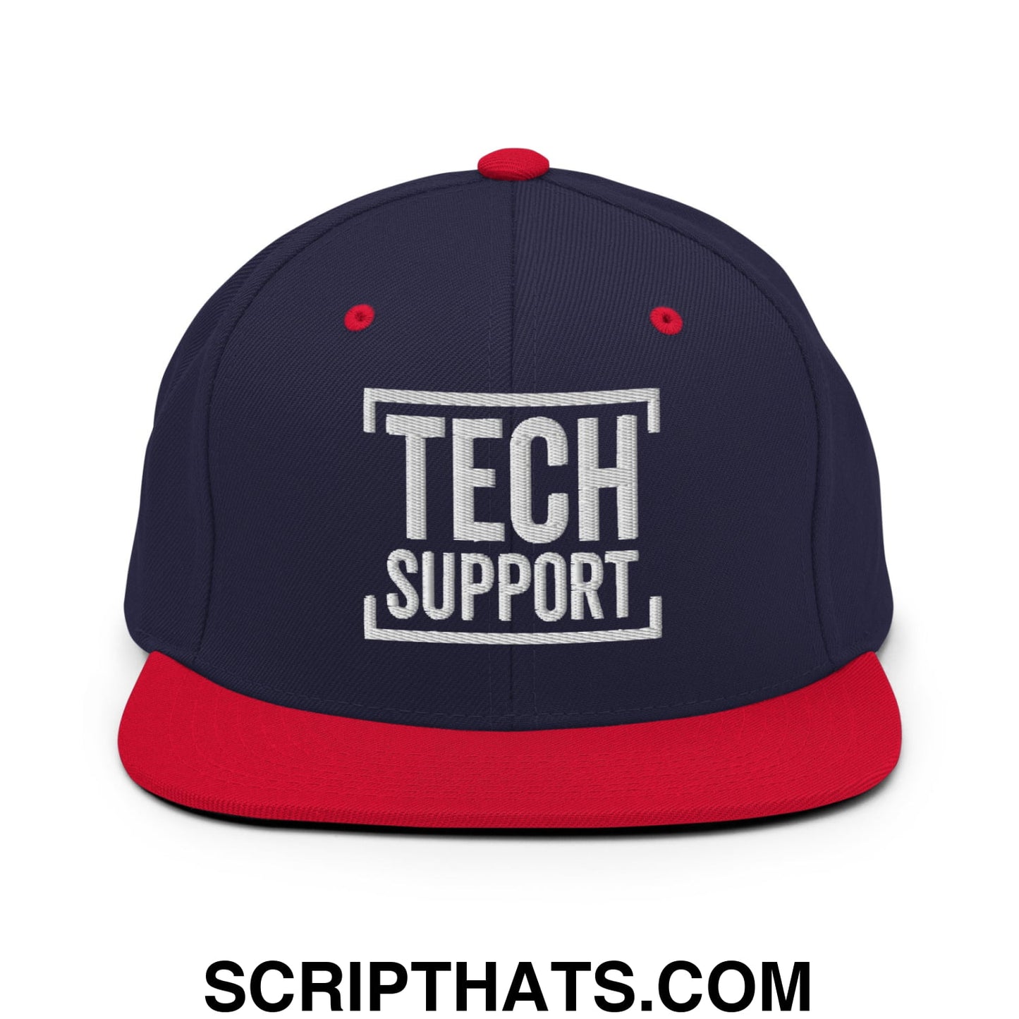 Tech Support Embroidered Flat Bill Brim Snapback Hat Navy Red