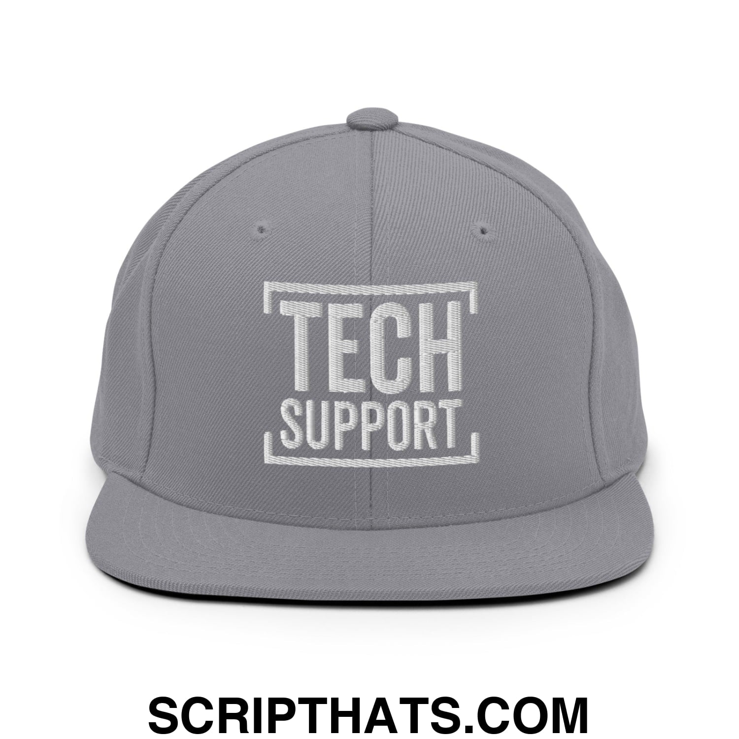 Tech Support Embroidered Flat Bill Brim Snapback Hat Silver