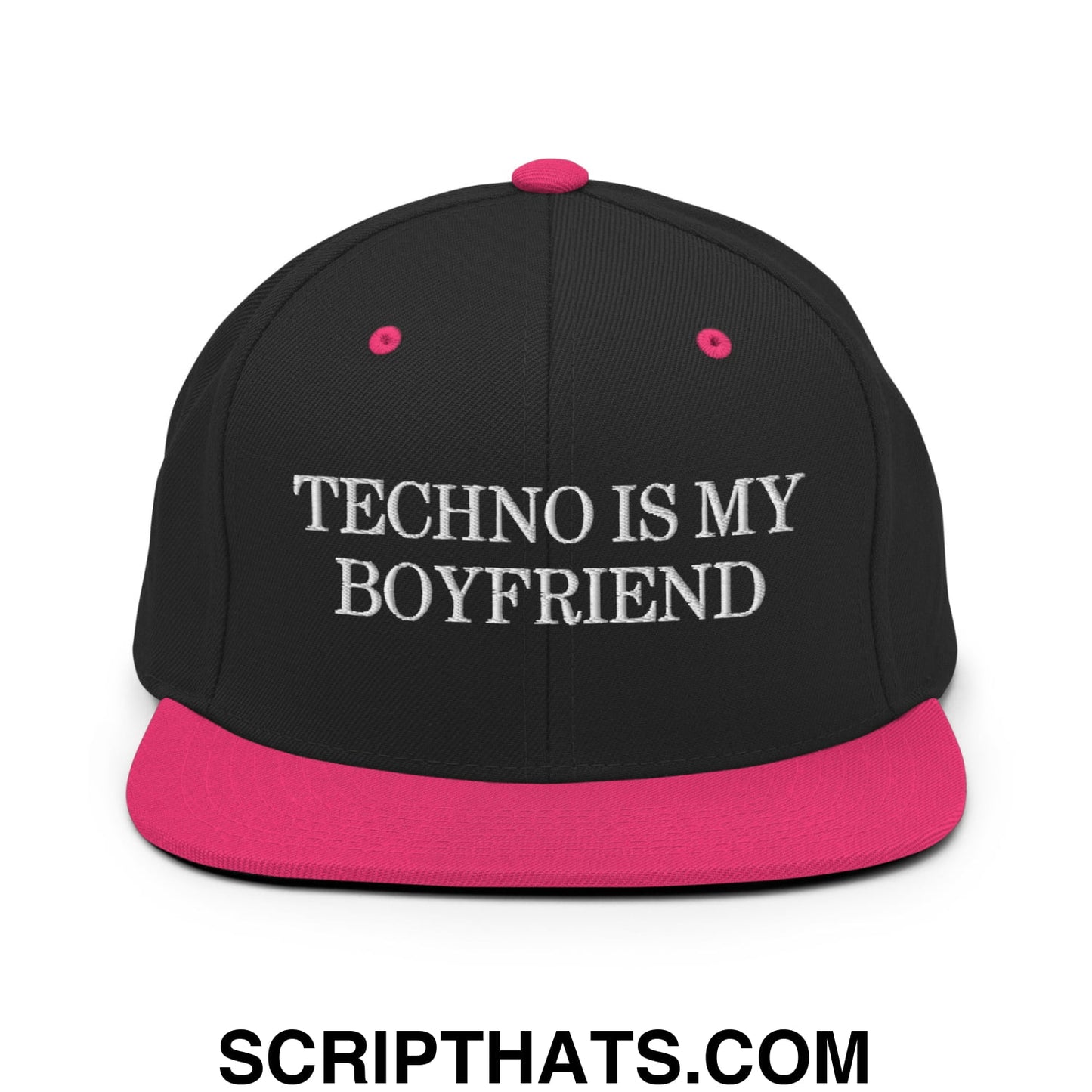 Techno is My Boyfriend Embroidered Flat Bill Brim Snapback Hat Black Neon Pink