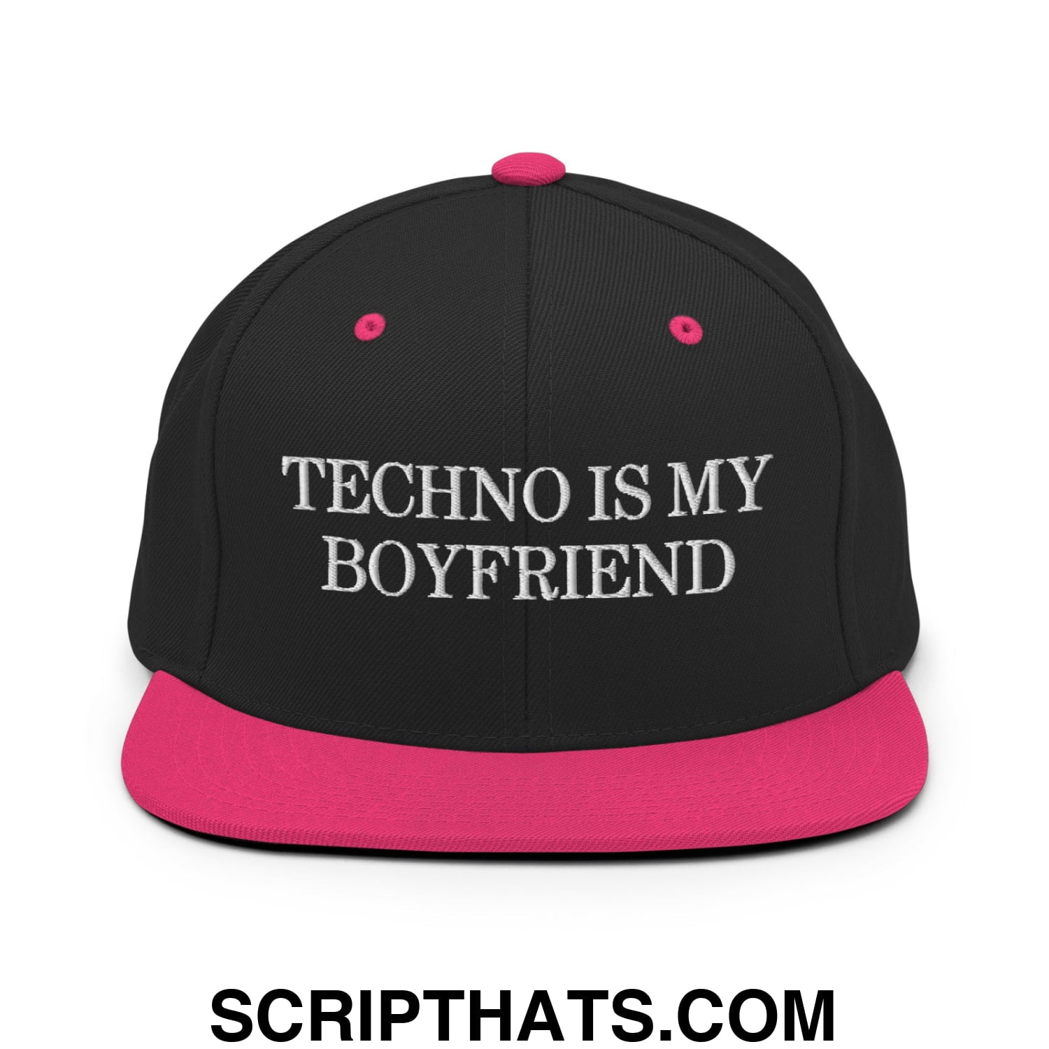 Techno is My Boyfriend Embroidered Flat Bill Brim Snapback Hat Black Neon Pink