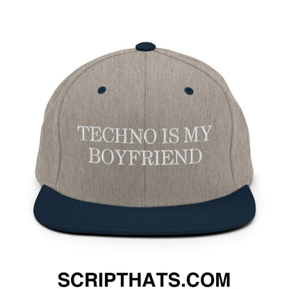 Techno is My Boyfriend Embroidered Flat Bill Brim Snapback Hat Heather Grey Navy