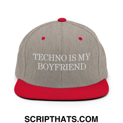 Techno is My Boyfriend Embroidered Flat Bill Brim Snapback Hat Heather Grey Red