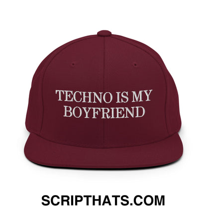 Techno is My Boyfriend Embroidered Flat Bill Brim Snapback Hat Maroon