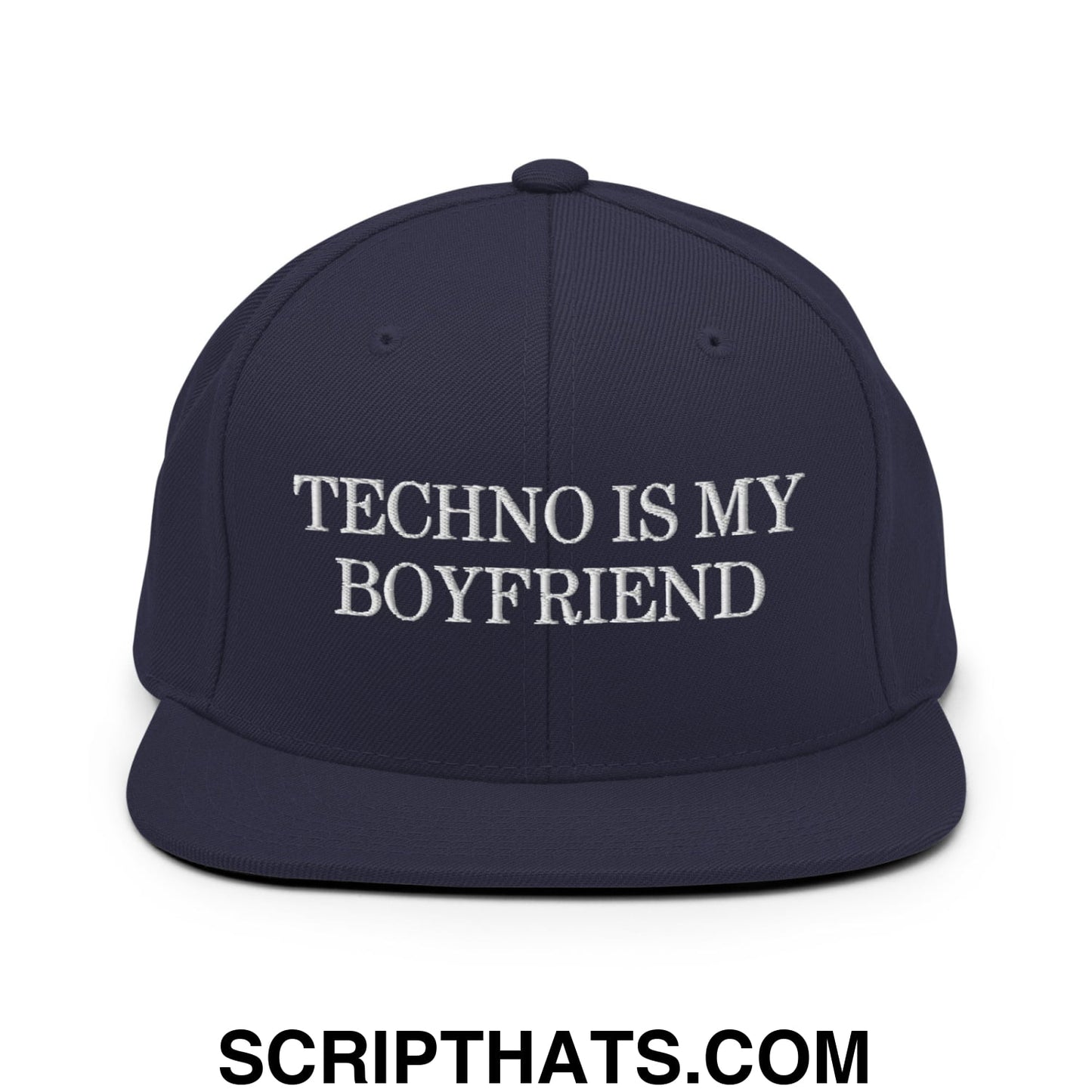 Techno is My Boyfriend Embroidered Flat Bill Brim Snapback Hat Navy