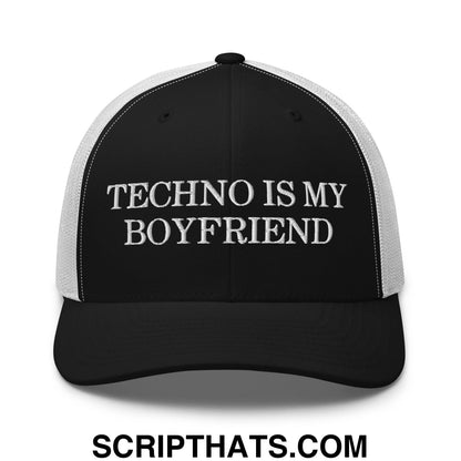 Techno is My Boyfriend Embroidered Mesh Trucker Hat Black White