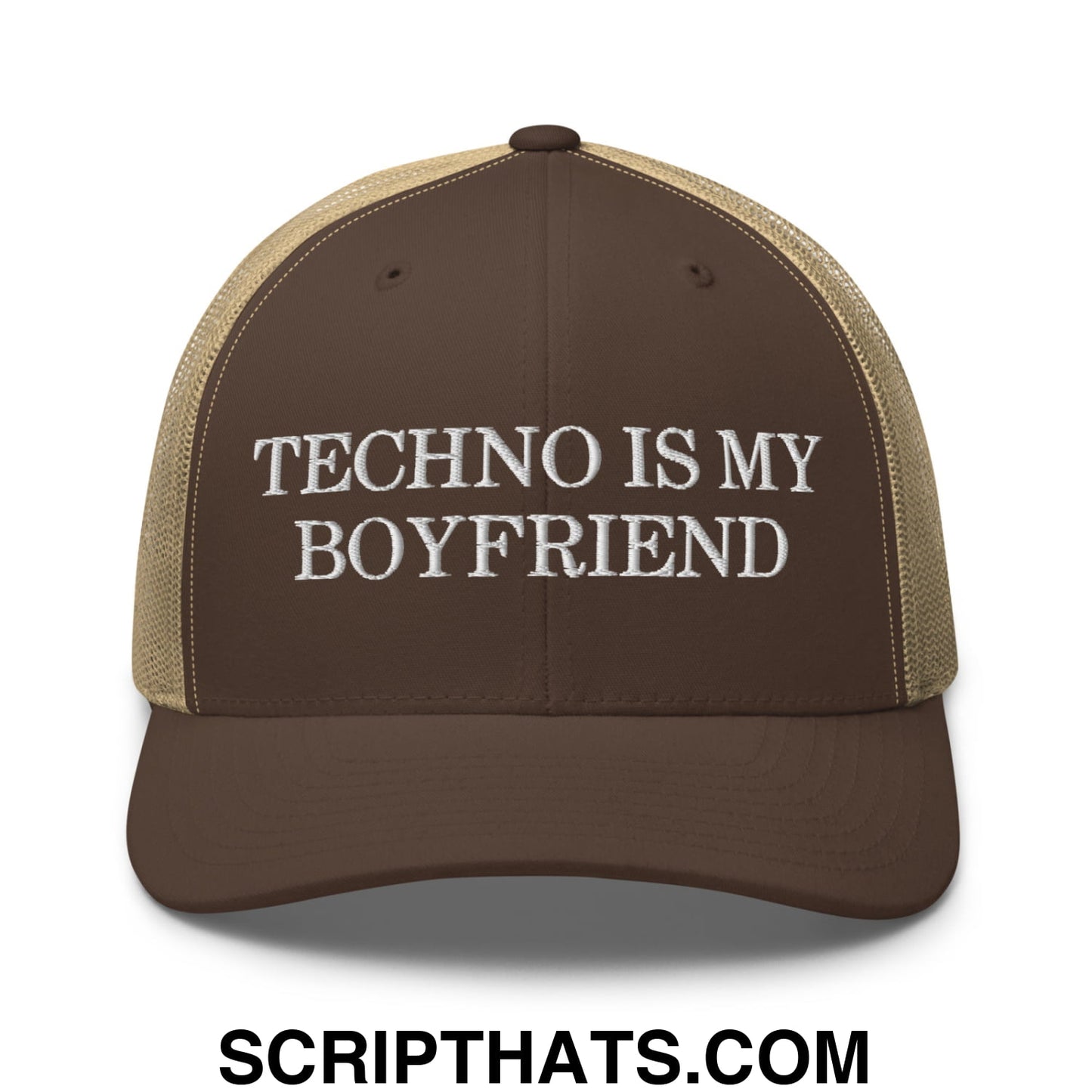 Techno is My Boyfriend Embroidered Mesh Trucker Hat Brown Khaki