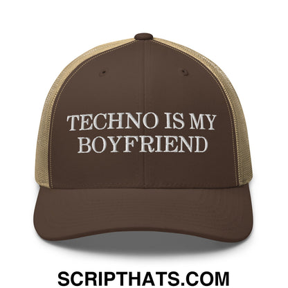 Techno is My Boyfriend Embroidered Mesh Trucker Hat Brown Khaki