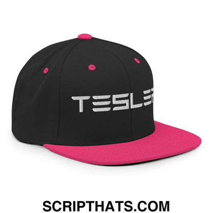 TESLER Embroidered Flat Brim Bill Snapback Hat Black Neon Pink
