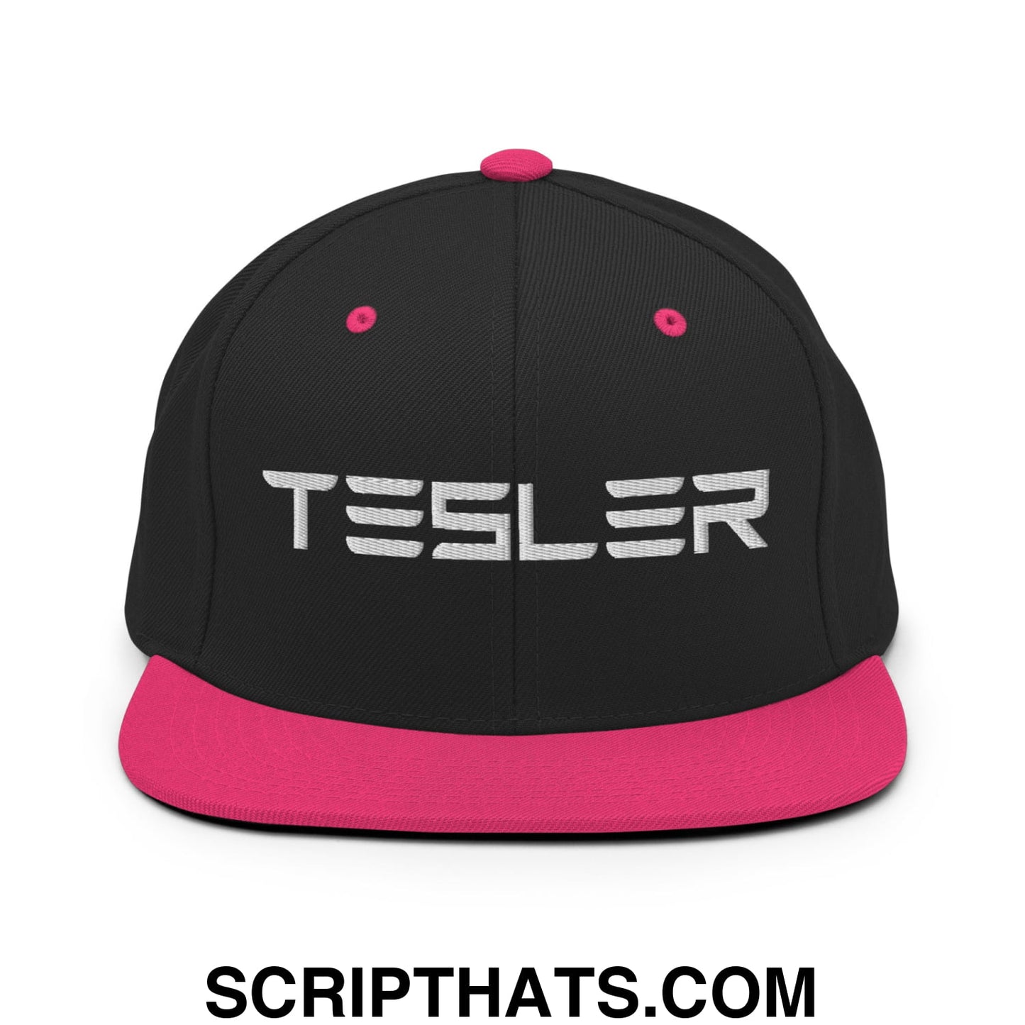 TESLER Embroidered Flat Brim Bill Snapback Hat Black Neon Pink