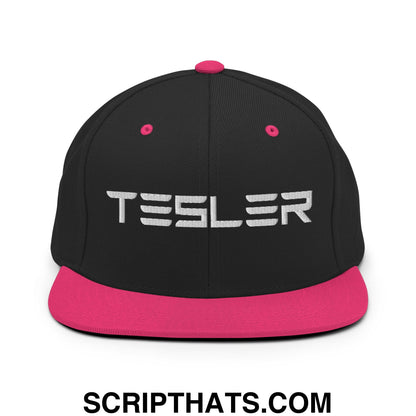 TESLER Embroidered Flat Brim Bill Snapback Hat Black Neon Pink