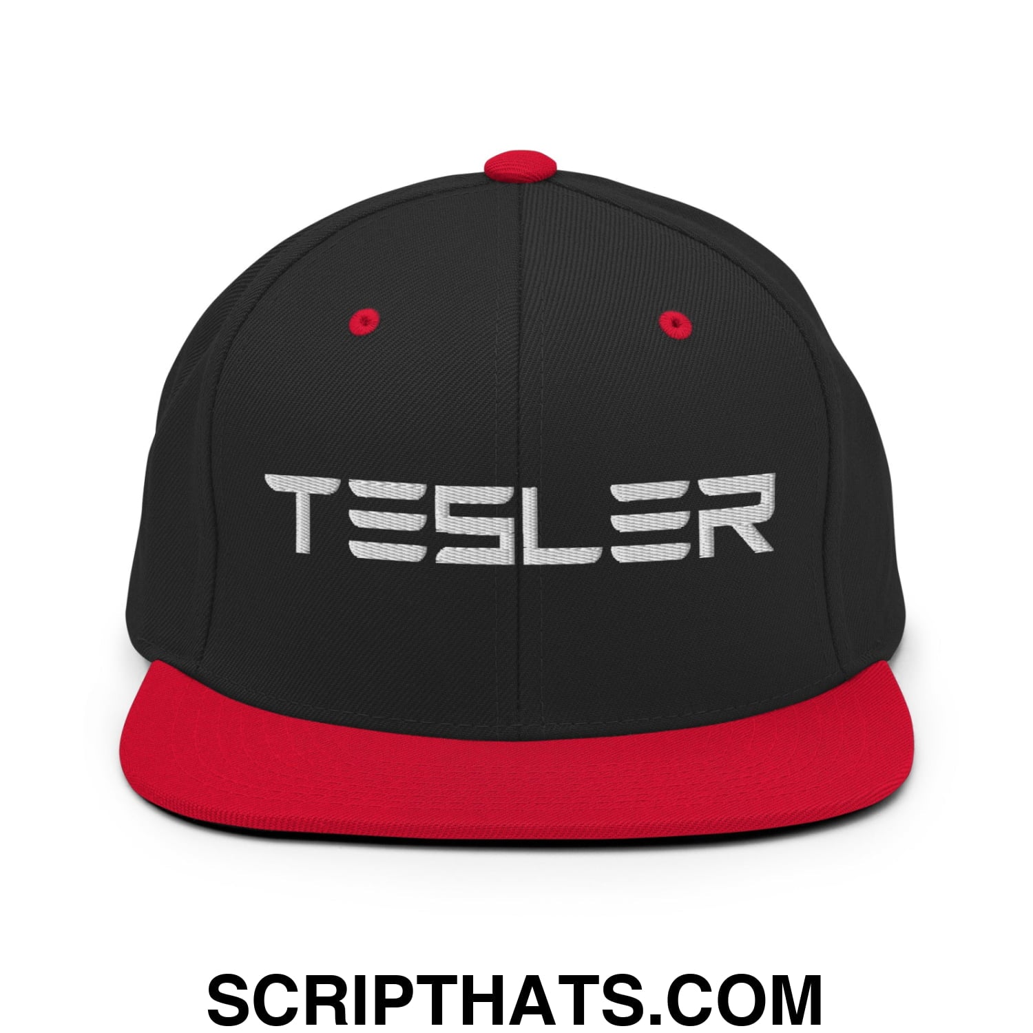 TESLER Embroidered Flat Brim Bill Snapback Hat Black Red