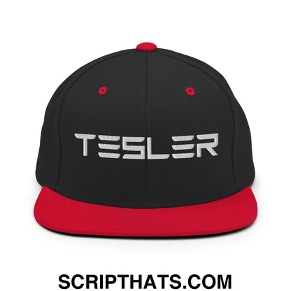 TESLER Embroidered Flat Brim Bill Snapback Hat Black Red