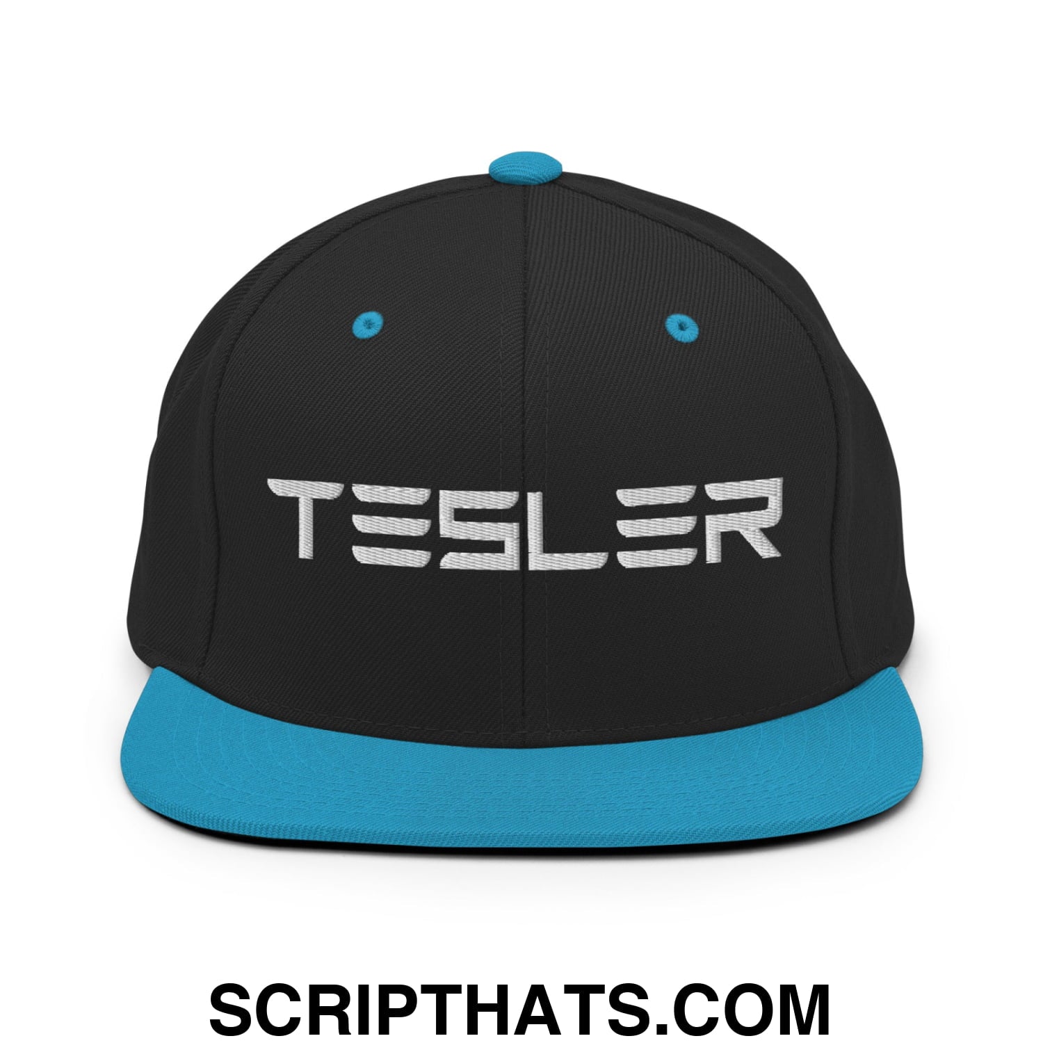 TESLER Embroidered Flat Brim Bill Snapback Hat Black Teal