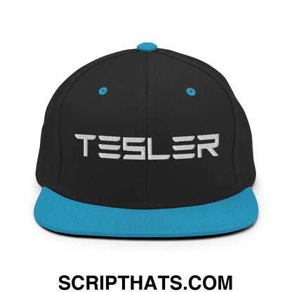 TESLER Embroidered Flat Brim Bill Snapback Hat Black Teal