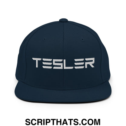 TESLER Embroidered Flat Brim Bill Snapback Hat Dark Navy