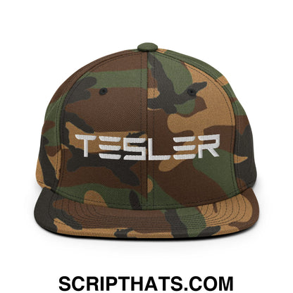 TESLER Embroidered Flat Brim Bill Snapback Hat Green Camo