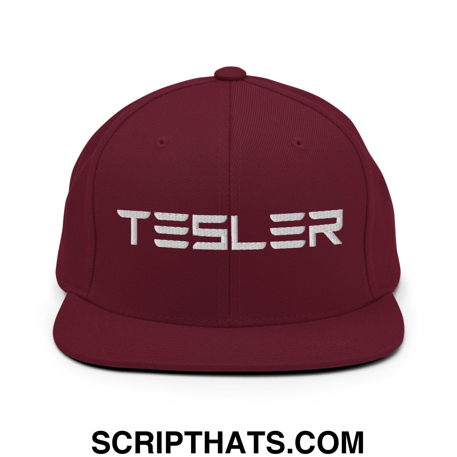 TESLER Embroidered Flat Brim Bill Snapback Hat Maroon