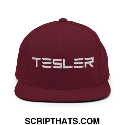 TESLER Embroidered Flat Brim Bill Snapback Hat Maroon