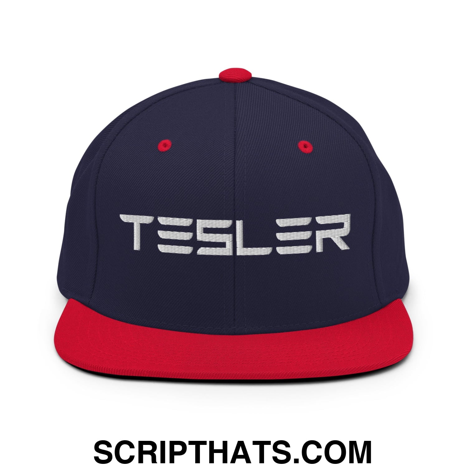 TESLER Embroidered Flat Brim Bill Snapback Hat Navy Red