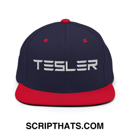 TESLER Embroidered Flat Brim Bill Snapback Hat Navy Red