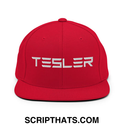 TESLER Embroidered Flat Brim Bill Snapback Hat Red