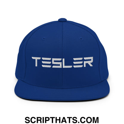 TESLER Embroidered Flat Brim Bill Snapback Hat Royal Blue