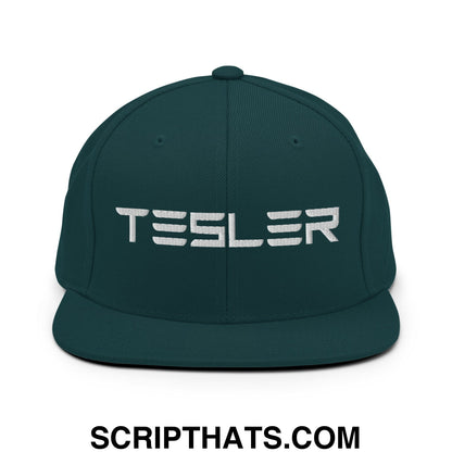 TESLER Embroidered Flat Brim Bill Snapback Hat Spruce
